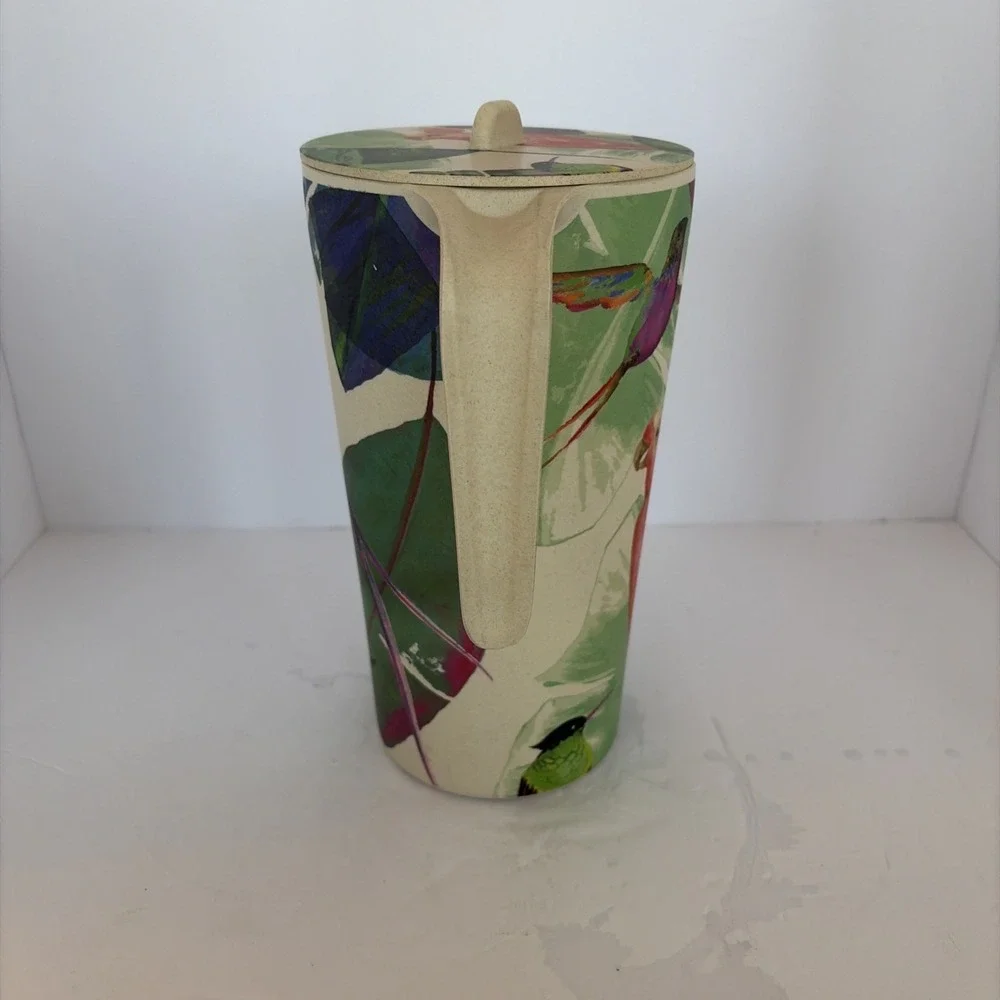 Bamboo Tropical Bird Pitcher Anthropologie style Tropical Summer Tiki Colorful‎
